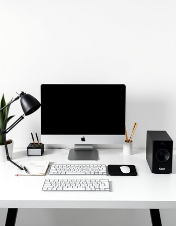 Front view of modern workspace with blank black computer screen, keyboard, stationery and coffee...