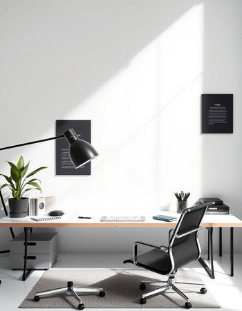 Interior of modern office with white walls, concrete floor, white computer table with black chairs...