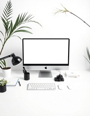 Modern workspace with computer, keyboard, mouse, coffee cup and plants. Mock upの写真素材