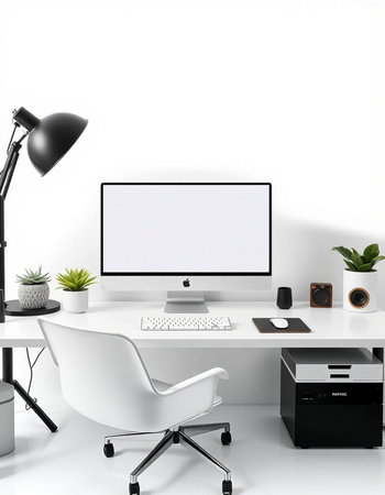 workplace with computer, 3d render, white table and chair