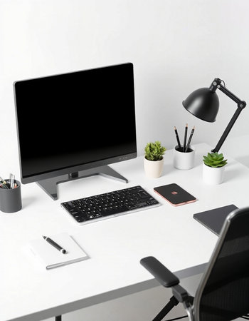 Modern workspace with blank computer screen, stationery and accessories. Mock up