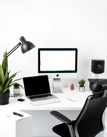 workplace with computer, lamp and plant. 3d rendering.