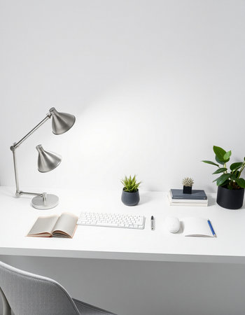 Minimalist workplace with computer, plant, coffee cup and notebook on tableの写真素材