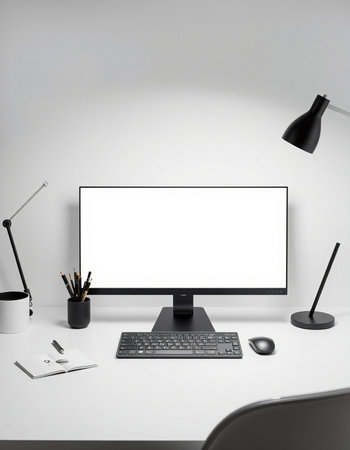 Mockup computer with blank screen on table in office. 3d render