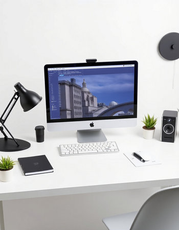 Modern workplace with computer and stationery on white table.