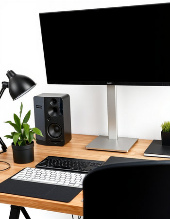 Modern home office with computer, speakers and plant. 3d render