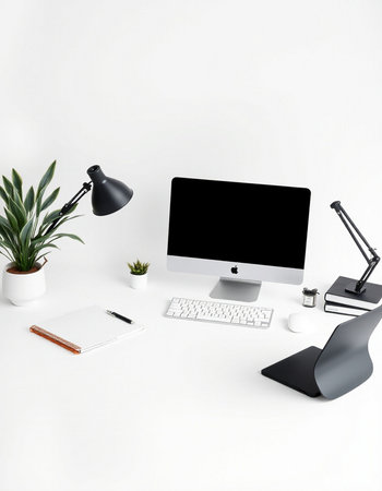 Modern workplace with computer, supplies and decorations on white background. 3D Rendering