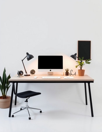 Modern workplace with computer, lamp and plant in pot on white background