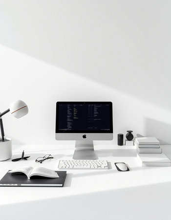 workplace with computer and supplies, 3d render, white background
