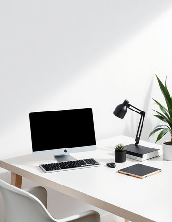 Modern workspace with blank computer screen and supplies on table. Mock up, 3D Rendering