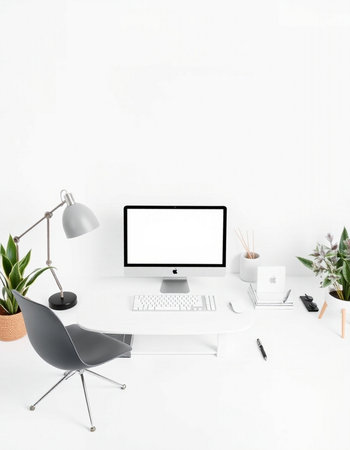 Modern workplace with blank screen on white wall. Mock up, 3D Rendering