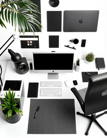 Modern workspace with computer, laptop and office supplies. 3D rendering.