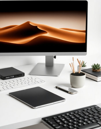 Close up of modern designer desktop with empty computer screen, keyboard, mouse and other items....