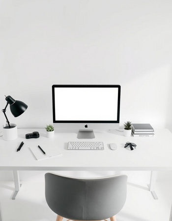 Front view of modern designer desktop with blank white computer screen, stationery, coffee cup and...