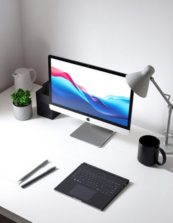 3D illustration desktop computer, mouse, keyboard, notebook and coffee cup