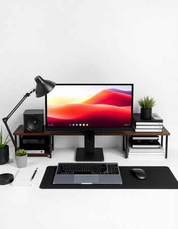 Modern desktop with a computer on a white background. 3d rendering.