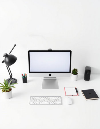 Modern workplace with blank screen computer, supplies on white background.