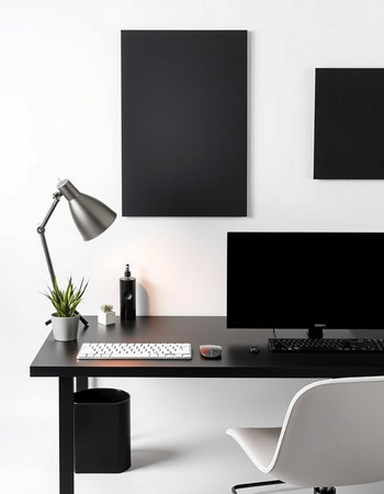 Modern workplace with blank poster on wall. Mock up, 3D Rendering