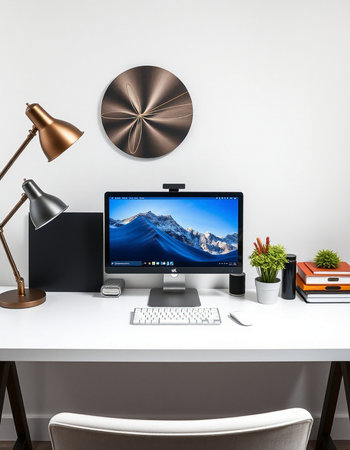 workplace with computer, lamp and books on the table. 3d rendering