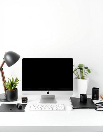 Modern workspace with computer, keyboard, mouse and other objects. Mock up
