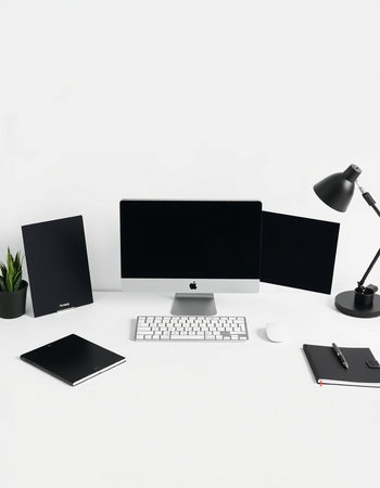 Modern workspace with computer, supplies and copy space on white background. 3D Rendering