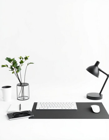 Modern workplace with keyboard, mouse, coffee cup and plant in vase on white background