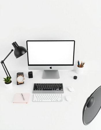 Modern workspace with blank screen computer, supplies and coffee cup on white background
