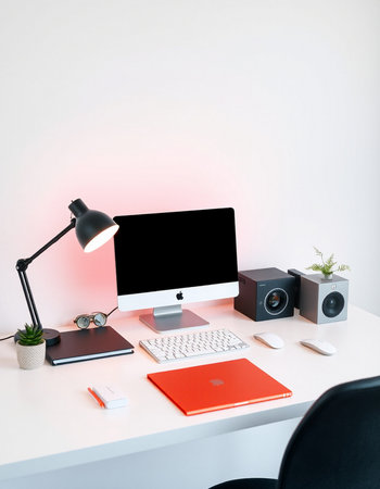 workplace with computer, lamp, camera and other objects. 3d renderingの写真素材