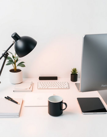 Minimalistic workspace with computer, tablet, coffee cup and other items