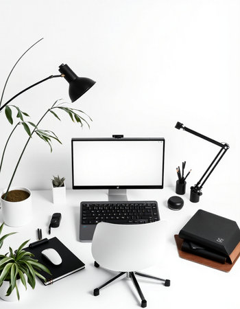 Modern workplace with computer, stationery and plants on white background. Mock up