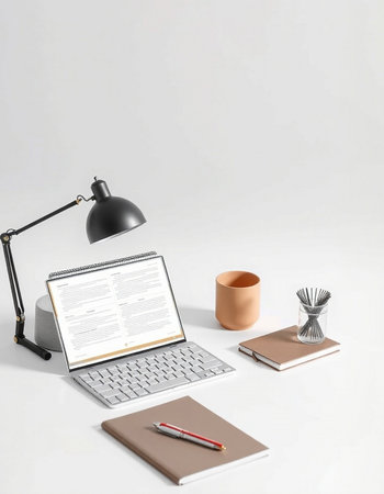 Laptop, lamp, notebooks and coffee cup on a white background