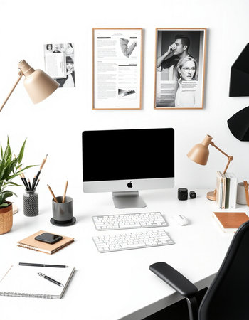 Modern workplace with computer, books, stationery and accessories on white tableの写真素材