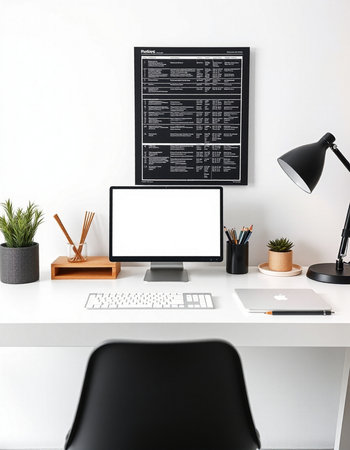 Modern workplace with computer, stationery and other items. Mock up