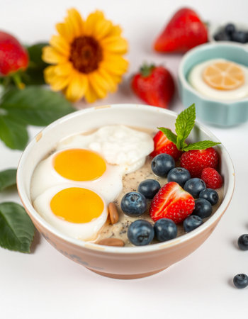 Breakfast with oatmeal, berries and eggs on a white background