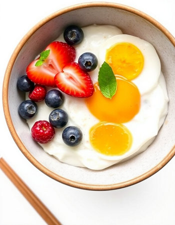 Fried eggs with fresh berries in a bowl on a white background