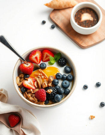 Healthy breakfast bowl with berries and coffee on white backgroundの写真素材