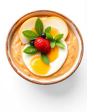 Healthy breakfast with yoghurt, eggs and berries on white background