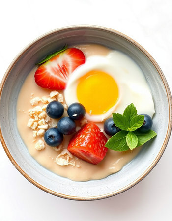 Healthy breakfast bowl with oatmeal, fresh berries and egg.