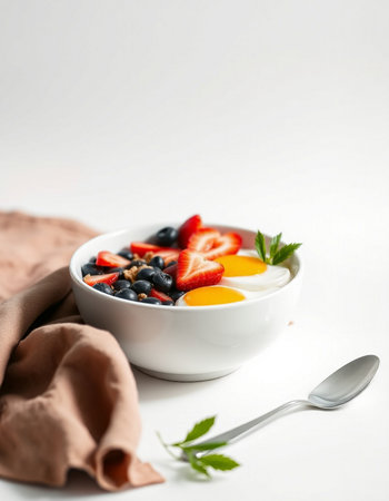 Healthy breakfast with yogurt, fresh berries and fruits on white backgroundの写真素材