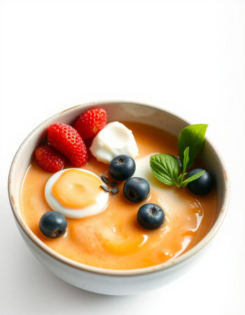 Pudding with berries and egg in a bowl on a white background
