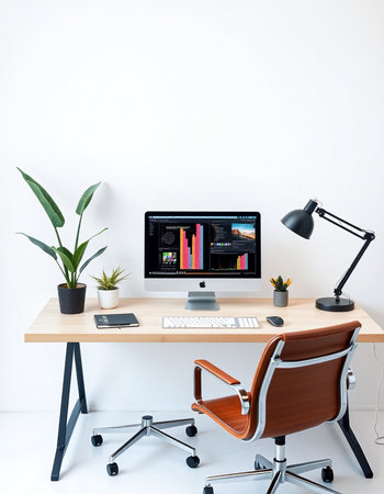 workplace with computer, lamp and coffee table on white wall backgroundの写真素材