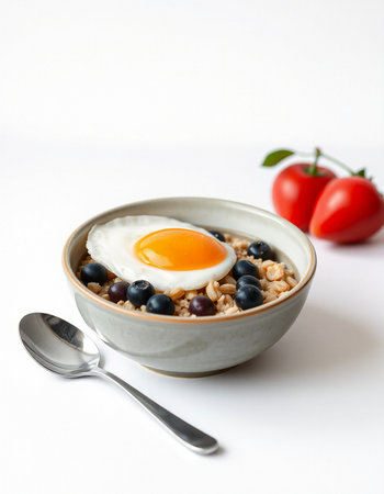 Oatmeal with blueberries and egg in a bowl on white backgroundの写真素材
