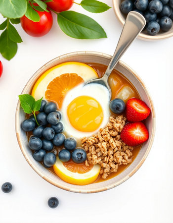 Healthy breakfast bowl with granola, berries and egg on white backgroundの写真素材