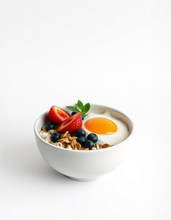 Breakfast with muesli, yogurt and berries on white backgroundの写真素材
