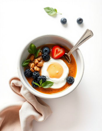Tomato soup with egg and berries on white background, top view