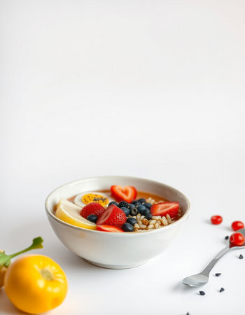 Healthy breakfast bowl with oatmeal, berries and cream on white background