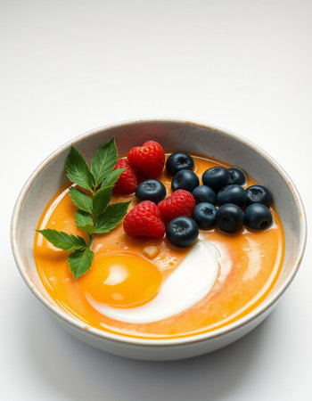 Healthy breakfast bowl with omelet, fresh berries and yogurtの写真素材