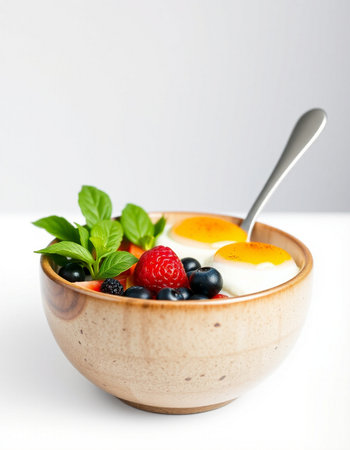 Greek yogurt with fresh berries in a wooden bowl on a white backgroundの写真素材