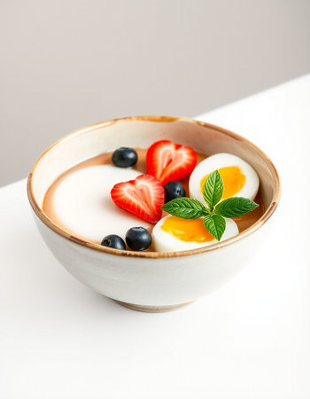Yogurt with strawberries and blueberries in a bowl on a white backgroundの写真素材