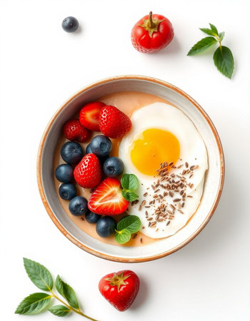 Oatmeal porridge with strawberries, blueberries and chia seeds on white background